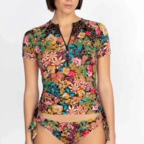 Johnny Was Millo Zebra Surf Shirt Swimwear Short Sleeve Mutli Floral Top - Picture 1 of 6
